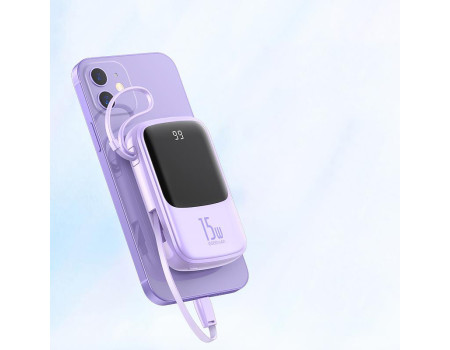 Повербанк Baseus QPOW 10000mAh 15W з LED дисплеєм та кабелем 8-Pin Lightning для iPhone Фіолет