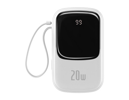 Baseus 20000mAh 20W Power Bank PD3.0 QC3.0 FCP SCP з дисплеєм та кабелем Lightning для iPhone Білий