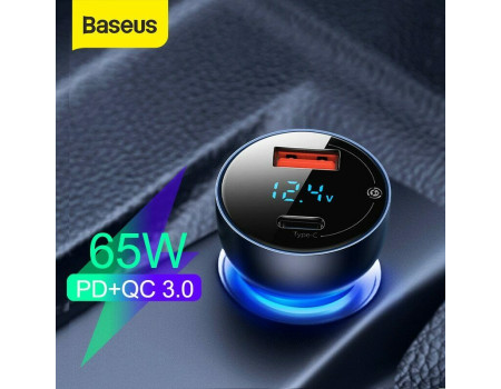 Автозарядка для ноутбука телефона Baseus 65W PD3.0 QC4.0 PPS LED дисплей + кабель Type-C 100W