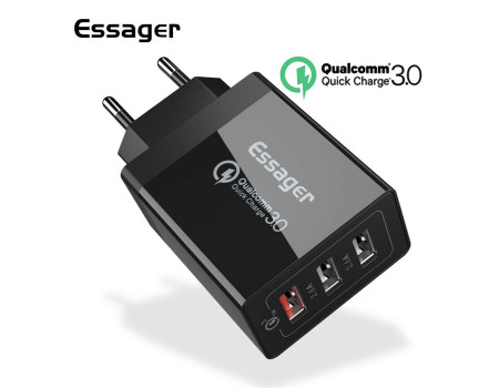 Зарядний пристрій 3 USB 30W Quick Charge 3.0 Essager ECTQC3-FBB01-BK