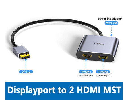 Розгалужувач DisplayPort - 2 HDMI для 2 моніторів 4k 60hz Splitter адаптер MST