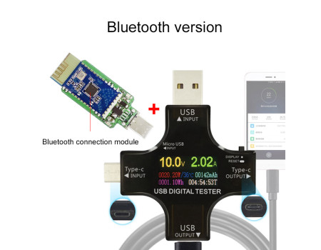 Цветной USB тестер J7-С с Bluetooth Type-C Micro USB 3.6-32V 5.1A  