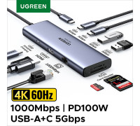 UGREEN Хаб 4k 60hz 2*Type C HDMI 9-в-1 RJ45 PD 100W USB 3.0 (UG-15375)