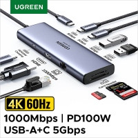 UGREEN Хаб 4k 60hz 2*Type C HDMI 9-в-1 RJ45 PD 100W USB 3.0 (UG-15375)
