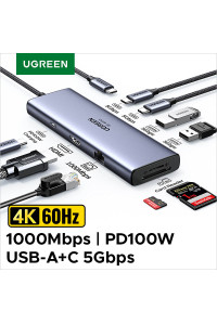 UGREEN Хаб 4k 60hz 2*Type C HDMI 9-в-1 RJ45 PD 100W USB 3.0 (UG-15375)