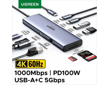 UGREEN Хаб 4k 60hz 2*Type C HDMI 9-в-1 RJ45 PD 100W USB 3.0 (UG-15375)