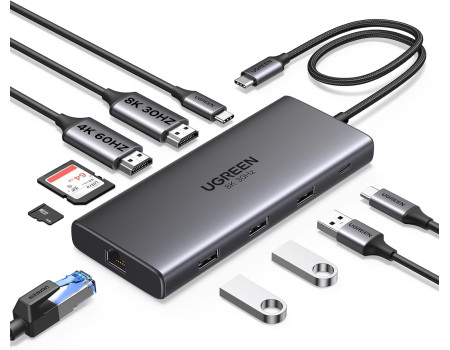 USB хаб для 2 моніторів 10-в-1 2 HDMI 8k 30hz 4k 60hz PD100W Ugreen (UG-15534)