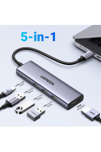 UGREEN Type-C Hub 5-в-1 4k 60hz HDMI 100W PD 3 USB-A 3.0 для MacBook Pro/Air (UG-15597)