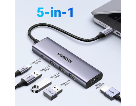 UGREEN USB-C Hub 5-в-1 4k 60hz HDMI 100W PD 3 USB-A 3.0 для MacBook Pro/Air (UG-15597)