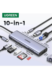 USB хаб для ноутбука Ugreen 10-в-1 4K HDMI VGA 1Gb Ethernet PD 100W USB 3.0 (UG-15601)