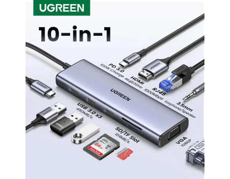 USB хаб для ноутбука Ugreen 10-в-1 4K HDMI VGA 1Gbps Ethernet PD 100W USB 3.0 (UG-15601)