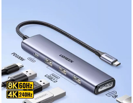 Хаб USB-C Displayport Thunderbolt 4 DP 8k 60hz 4k 240hz 165hz 144hz 5 в 1 Ugreen (UG-15905)