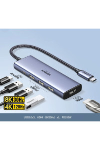 USB хаб Type-C HDMI 2.1 Ugreen 5-в-1 8k 30hz 4k 120hz PD 3.0 USB 3.0 (UG-CM500)
