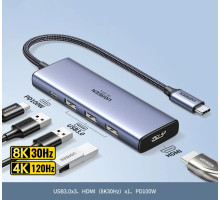 USB хаб USB-C HDMI 2.1 Ugreen 5-в-1 8k 30hz 4k 120hz PD 3.0 USB 3.0 (UG-CM500)