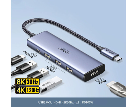 USB хаб Type-C HDMI 2.1 Ugreen 5-в-1 8k 30hz 4k 120hz PD 3.0 USB 3.0 (UG-CM500)