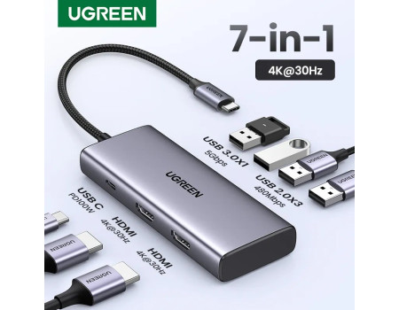 Хаб для двух мониторов 2 x HDMI 4k Type-C Ugreen 7-в-1 PD 100W Thunderbolt 4 (UG-35897)