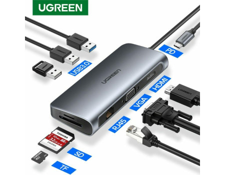 Хаб для MacBook M4 Ugreen Type-C 9-в-1 Ethernet USB 3.0 4K HDMI VGA PD (UG-40873)