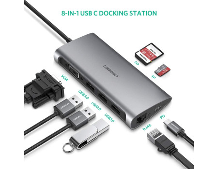 Хаб UGREEN USB-C 8-в-1 3 * USB 3.0 VGA PD 60W Gigabit Ethernet SD/TF (UG-50539)