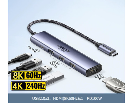 Хаб USB-C HDMI 2.1 Thunderbolt 5/4 Ugreen 5 в 1 8k 60hz 4k 240hz 170hz 144hz (UG-55611)