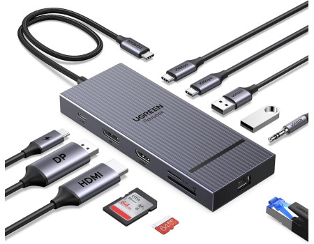 Хаб UGREEN Revodock Pro для 2 моніторів 11-в-1 4k 120hz DP+HDMI 10 Гбіт/с PD 100W RJ45 3.5 мм (UG-55766)