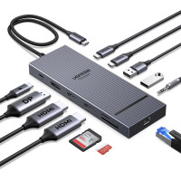 Хаб UGREEN Revodok Pro 12-в-1 для 1-2-3 моніторів 4k 120hz DP HDMI 10 Гбіт/с 100W (UG-55767)