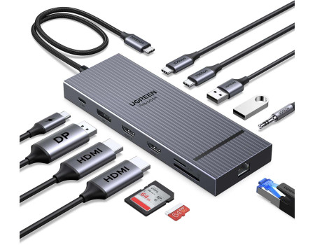 Хаб UGREEN Revodok Pro 12-в-1 для 1-2-3 моніторів 4k 120hz DP HDMI 10 Гбіт/с 100W (UG-55767)