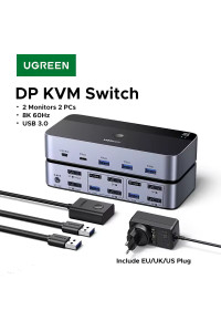 Переключатель 2 монитора 2 компьютера Displayport 1.4 8k 60hz 4k 240hz 144hz USB 3.0 Ugreen (UG-55851)