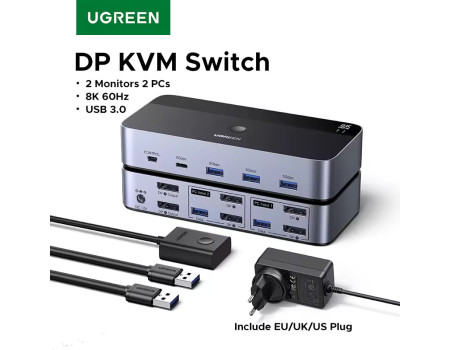 Переключатель 2 монитора 2 компьютера Displayport 1.4 8k 60hz 4k 240hz 144hz USB 3.0 Ugreen (UG-55851)