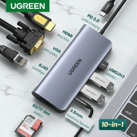 Ugreen USB-C Хаб 10-в-1 Ethernet Rj45 HDMI 4k VGA PD 100W USB 3.0 (UG-80133)