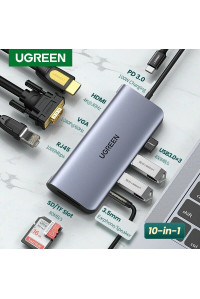 Ugreen Type-C Хаб 10-в-1 Ethernet RJ45 HDMI 4K VGA PD 100W USB 3.0 (UG-80133)