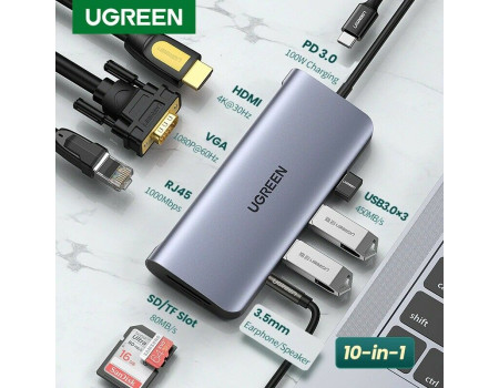 Ugreen USB-C Хаб 10-в-1 Ethernet Rj45 HDMI 4k VGA PD 100W USB 3.0 (UG-80133)
