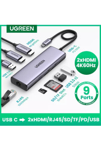 Хаб USB-C 2 x HDMI 4k 60hz Ugreen 9-в-1 PD 60W USB 3.0 RJ45 Thunderbolt 4
