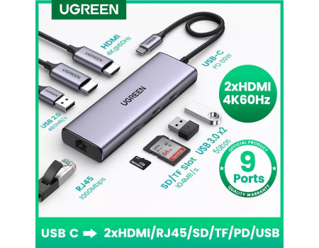 Хаб USB-C 2 x HDMI 4k 60hz Ugreen 9-в-1 PD 60W USB 3.0 RJ45 Thunderbolt 4