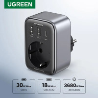 Зарядное устройство с розеткой 16A 4-в-1 Ugreen GAN 30W PD3.0 QC3.0 (UG-90613)