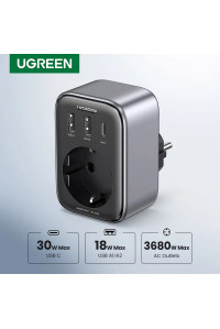 Зарядное устройство с розеткой 16A 4-в-1 Ugreen GAN 30W PD3.0 QC3.0 (UG-90613)