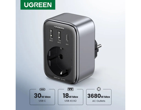 Зарядний пристрій із розеткою 16A 4-в-1 Ugreen GAN 30W PD3.0 QC3.0 (UG-90613)